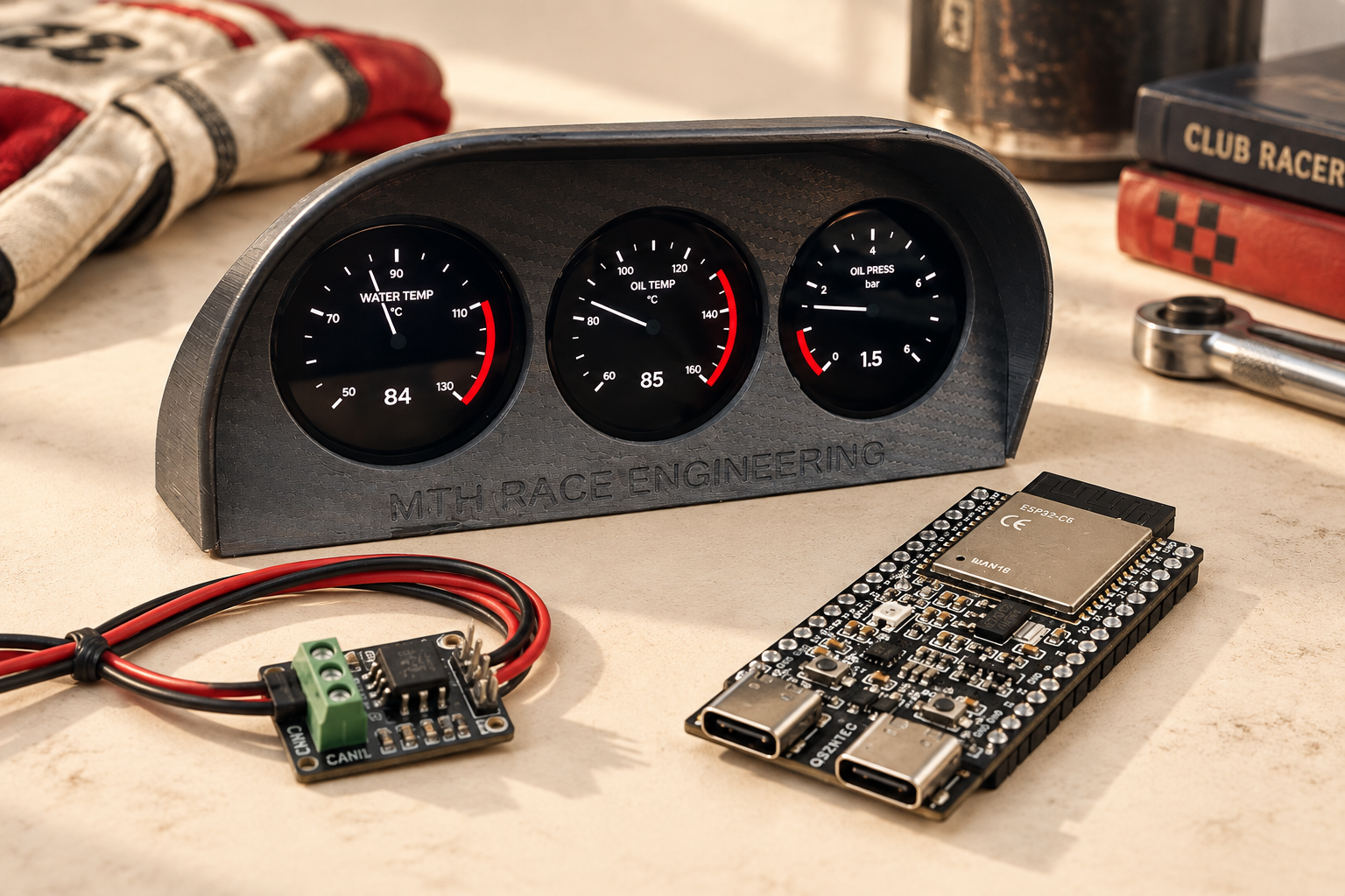 AI composition of Mark’s three-gauge pod, an ESP32-C6 board, and a CAN module on a warm workbench